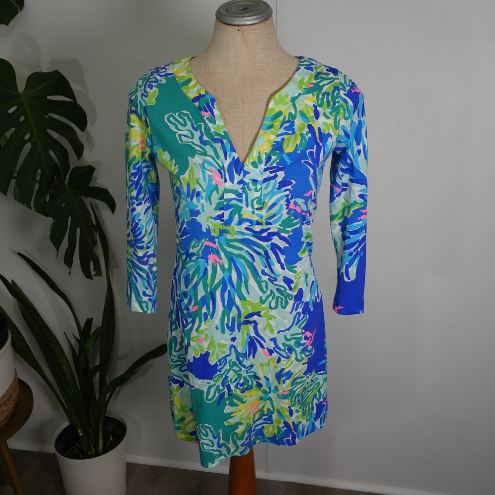 Lilly Pulitzer Sophie Dress Womens XS Blue Green Pima Cotton 3/4 Sleeve Resort